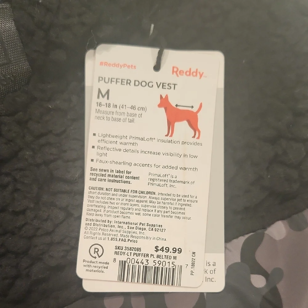 Reddy Black and Gray Puffer Dog Vest MEDIUM